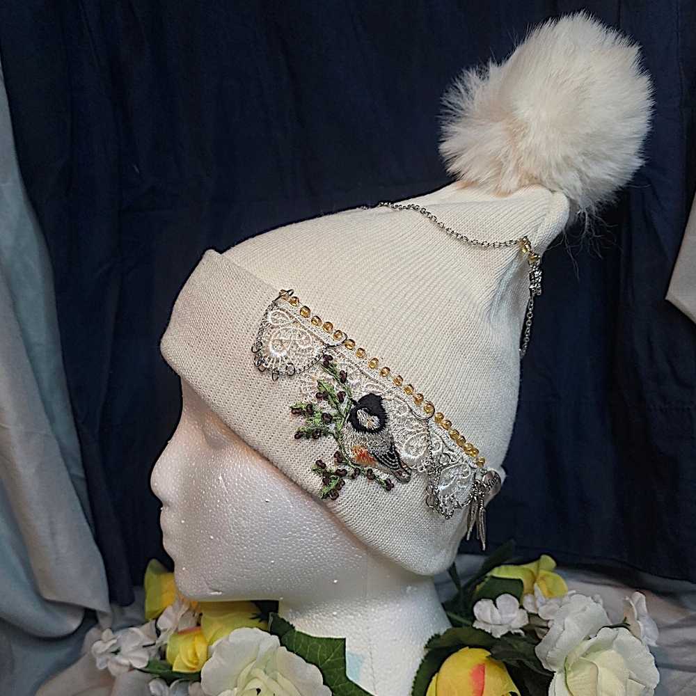 Chic White Pom-Pom Beanie with Lace Detail